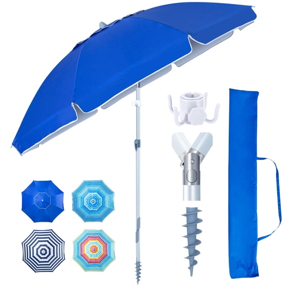 Tempera 7 ft Heavy Duty Beach Umbrella with Aluminum Frame and Push Button Tilt, Ideal for Beach, Garden, Lawn, UPF 50 - Blue