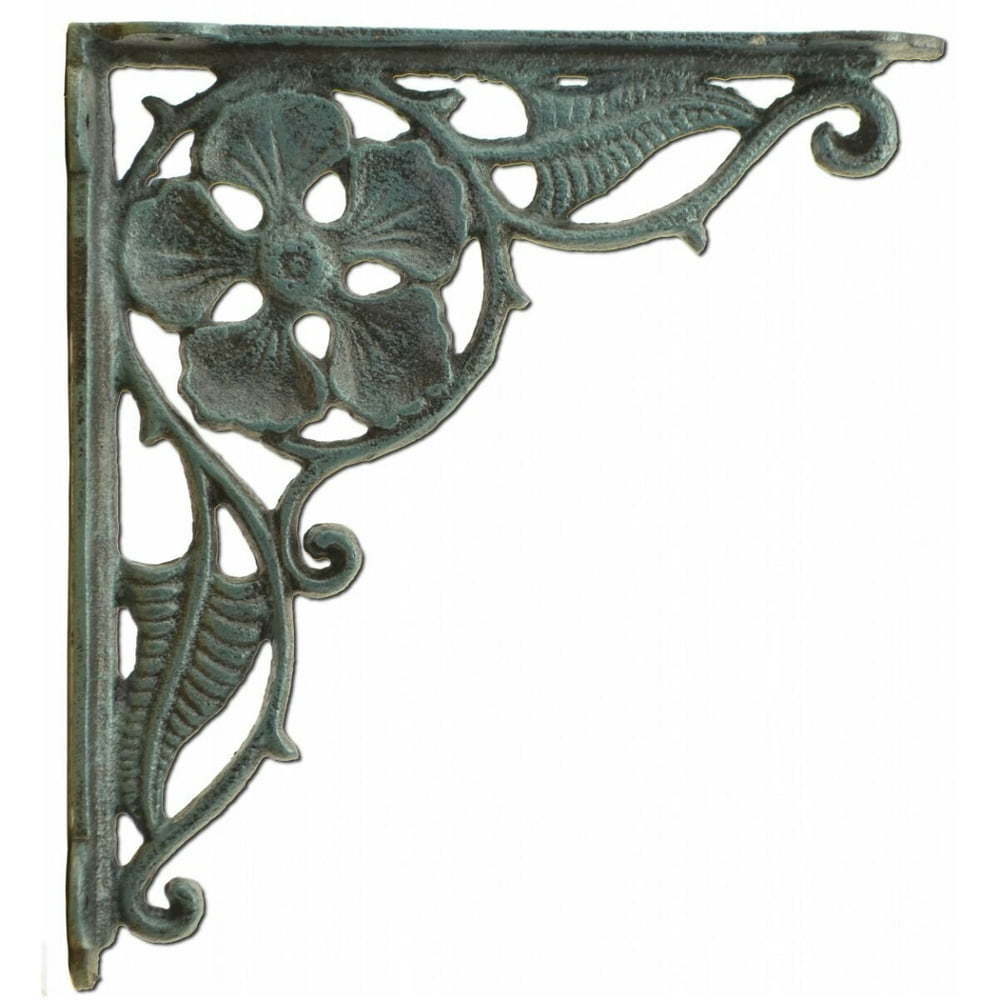 Decorative Shelf Bracket Flower Leaf Design Distressed Blue Cast Iron 9.375", Decorative Flower