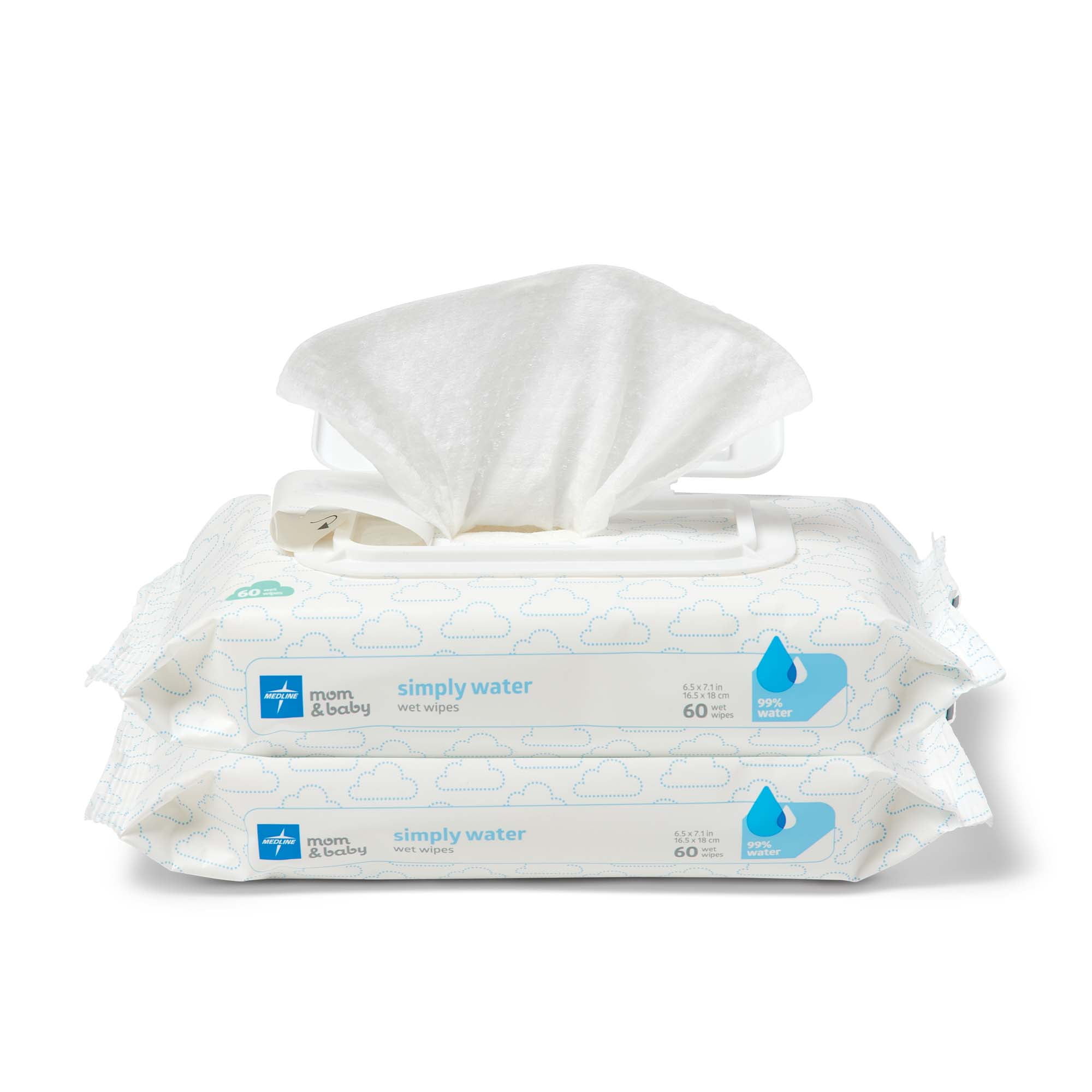 Medline Simply Water Wet Wipes, 99% Water Solution Wet Wipes, 100% Plant-Based Bamboo Fiber Cloth, 60 ct (Pack of 2)