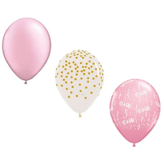 15 Count 11 inch Pearl Pink, Confetti Clear with Gold DOTS & It's a Girl Pink