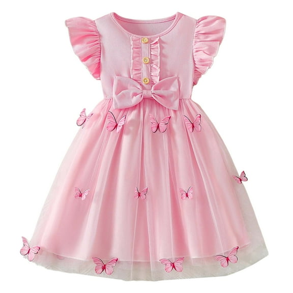 RUTAYY Children Girls Tutu Dress Round Neck Short Sleeve with Bow Party Daily Wear Relaxed Holiday Dresses