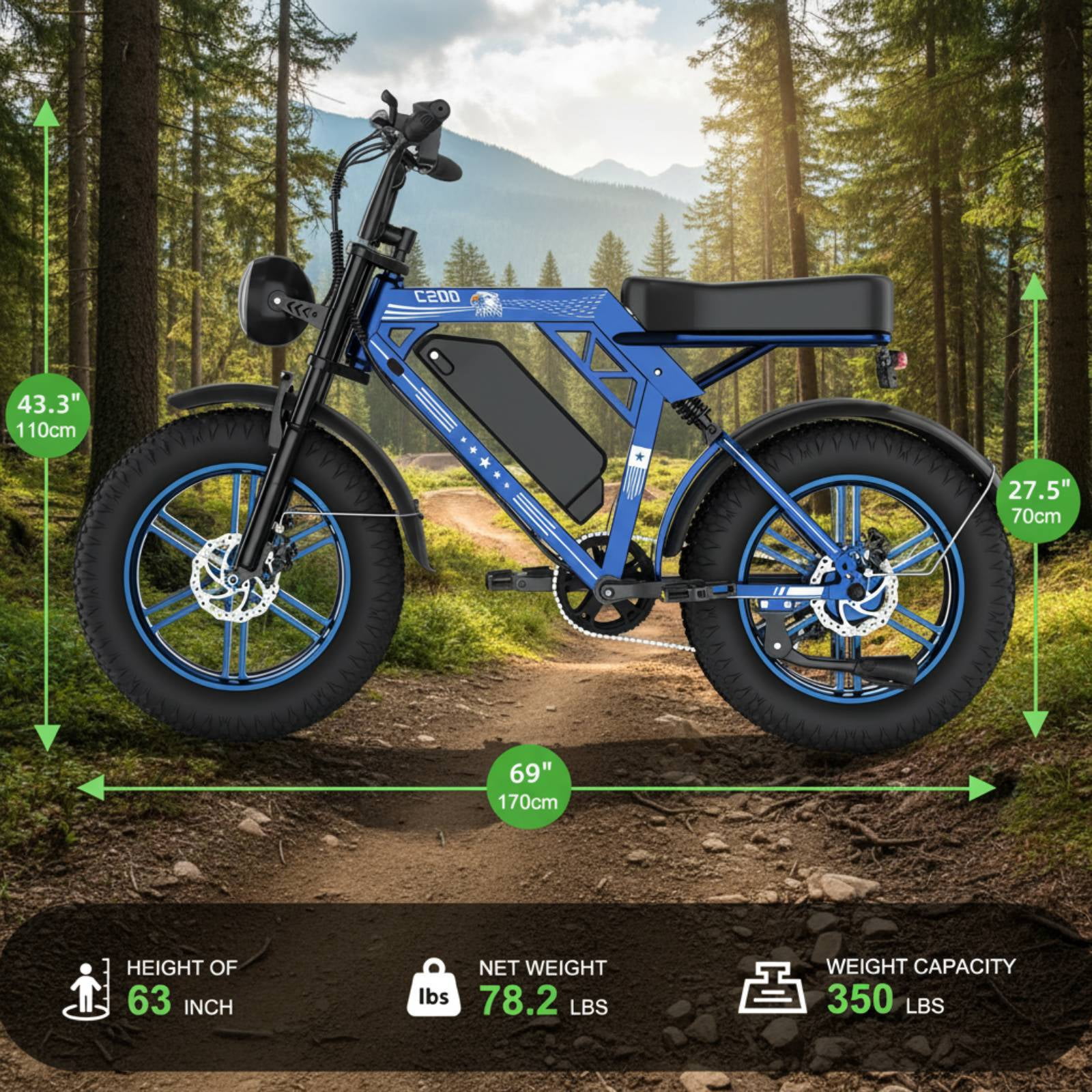 EggKing C200 1000W Electric Bike for Adults, 20" Fat Tire E-Mountain Bikes, 48V 17.5Ah 31MPH Electric Bicycle, Full Suspension UL2849