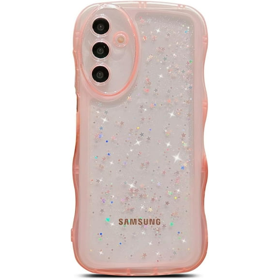 for Samsung Galaxy A16 5G Phone Case 6.7" Glitter Clear Bling Shiny Star Sequin Transparent Matte Cute Curly Wavy Non-Slip Camera Lens Protect Soft Silicone Aesthetic Cover for Women (Pink)