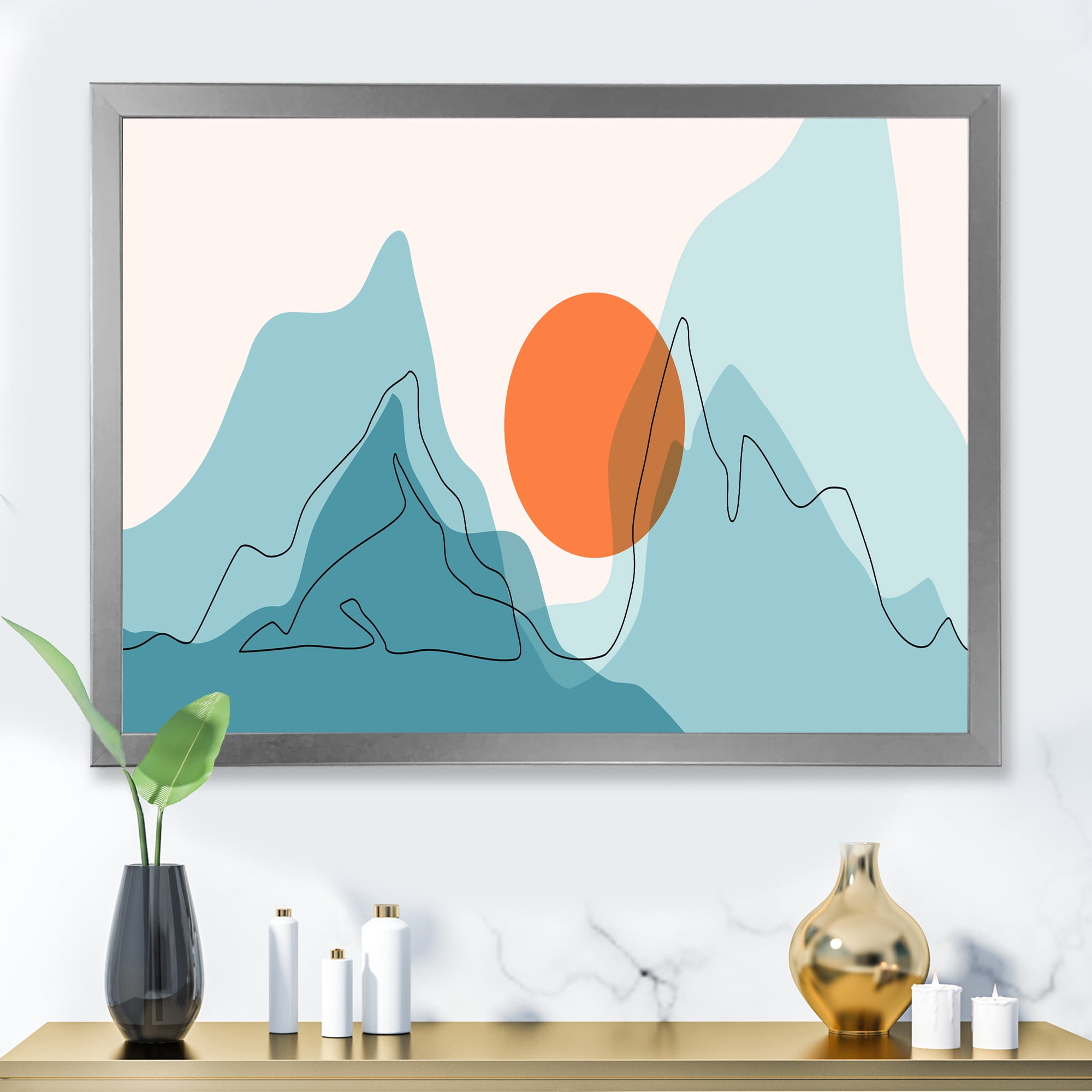Designart 'Abstract Blue Mountains With Red Moon I' Modern Framed Art Print