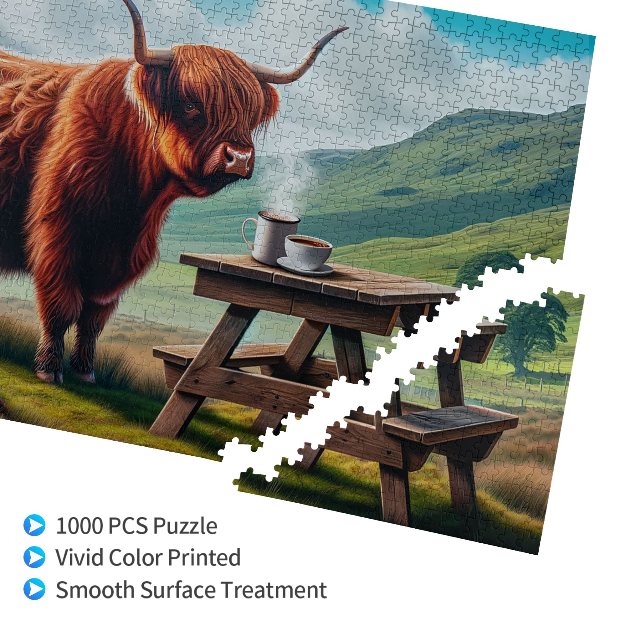 1000 PCS Coffee Break At Highland Cow 1000 Piece Animal Puzzles,Wonderful Imagination,Modern Style Animal Wooden Puzzle As Home Wall Decor,Ideal For Relaxation And Family Fun