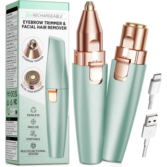Thinway Eyebrow Facial Trimmer: 2 in1 Rechargeable Facial Hair Removal and Eyebrow Shaver - Face Lips Body Painless Facial Razor with Built-in LED Light (Pastel Green)