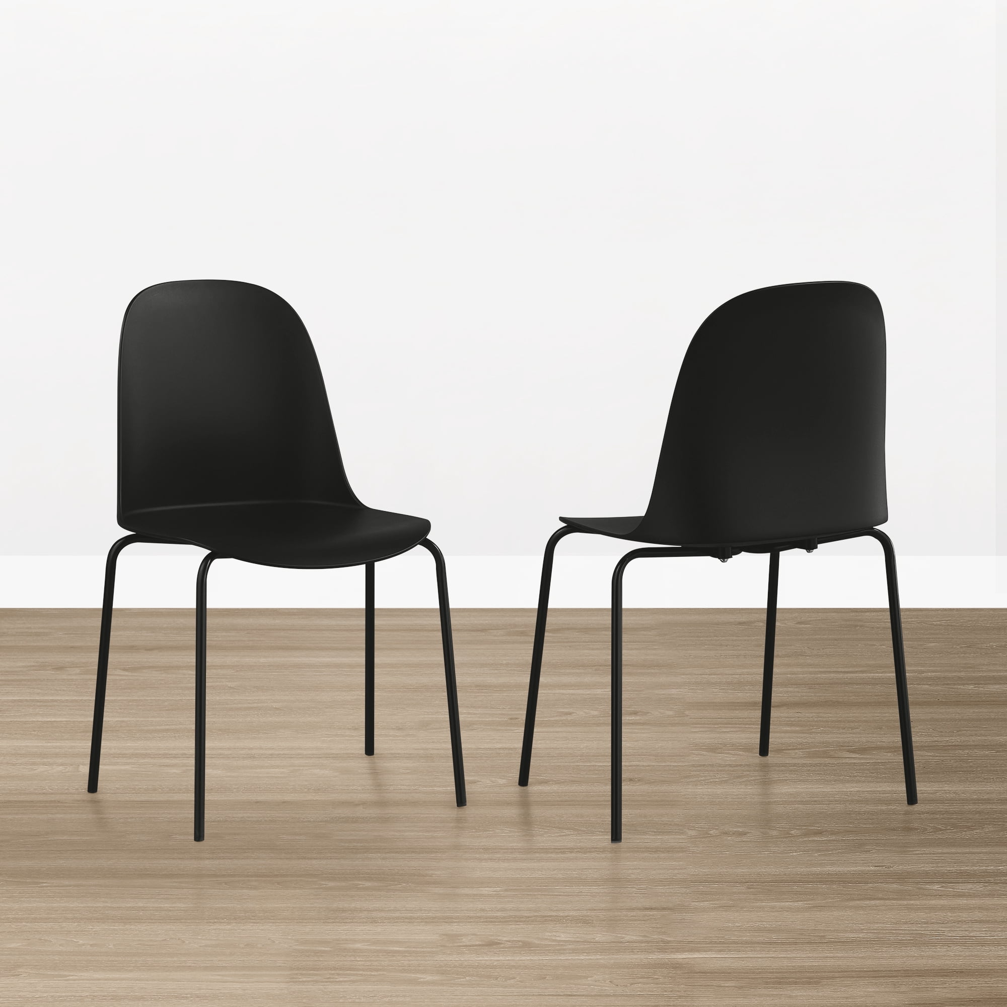 Spruce & Spring Modern Stackable Dining Chairs, Molded Plastic Kitchen Chairs with Metal Legs, Space-Saving Armless Design, BLACK, Set of 4