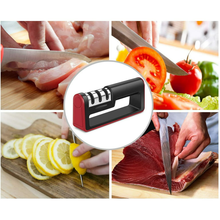 Knife Sharpeners for Steel and Ceramic Kitchen Knives - Manual Handheld System to Safely Sharpen and Hone Your Knife - Includes Cut Resistant Glove