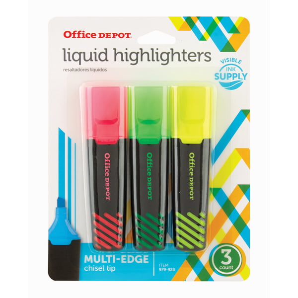 Office Depot® Brand Liquid Highlighters, Chisel Point, Black/Translucent  Barrel, Assorted Ink Colors, Pack Of 3 