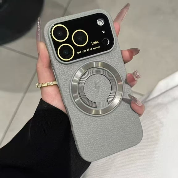 Magnetic For iPhone 14 Plus Phone Case,With Contractile Ring Kickstand,Built-in Lens Protector,Anti-Scratch PU Leather Back,Compatible with Mag-Safe,Ultra Slim Shockproof Phone Case,Gray