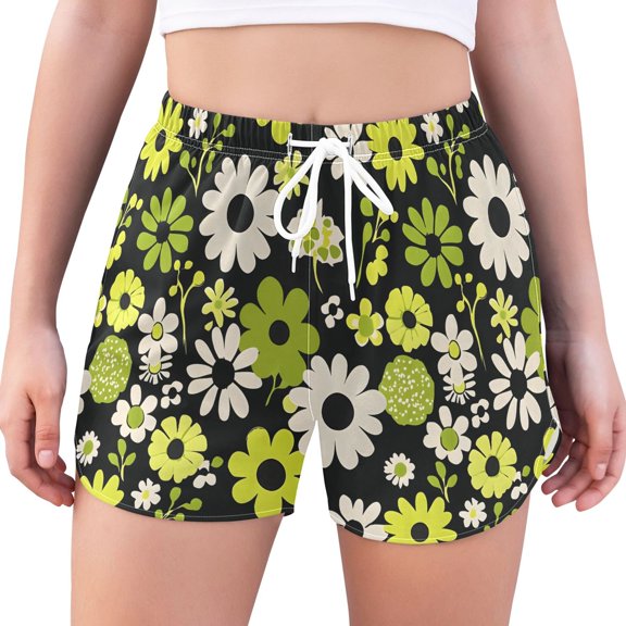 FORMRS Womens Swim Shorts Mesh Liner Quick Dry Casual Beach Board Bottom with Pockets, Sizes S-2XL, Green Flower Pattern