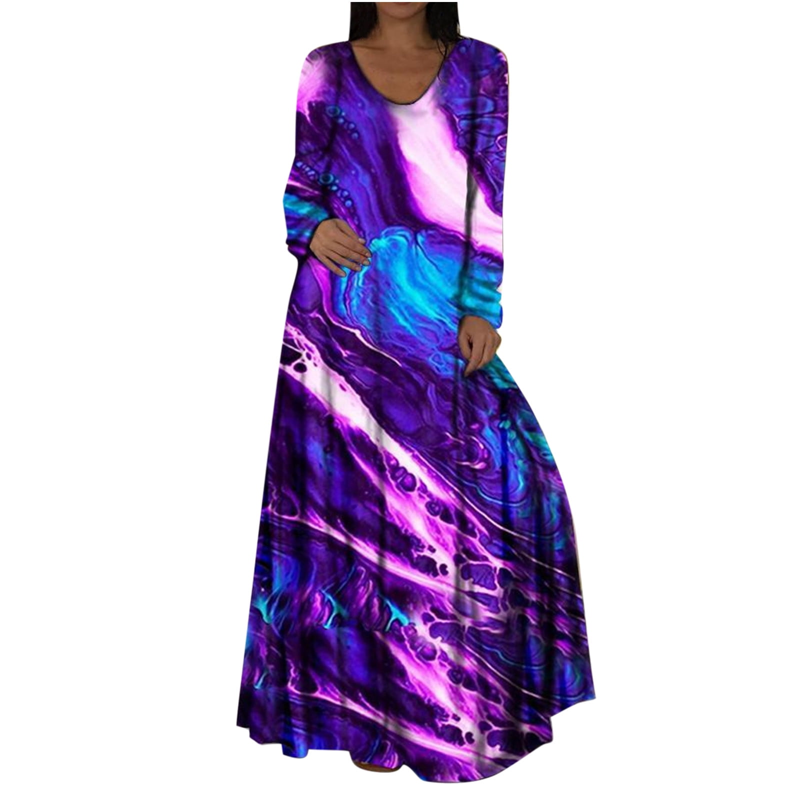 HTNBO Fall Maxi Dresses for Women Casual Crew Neck Long Sleeve 3D Printed Long Light Pink