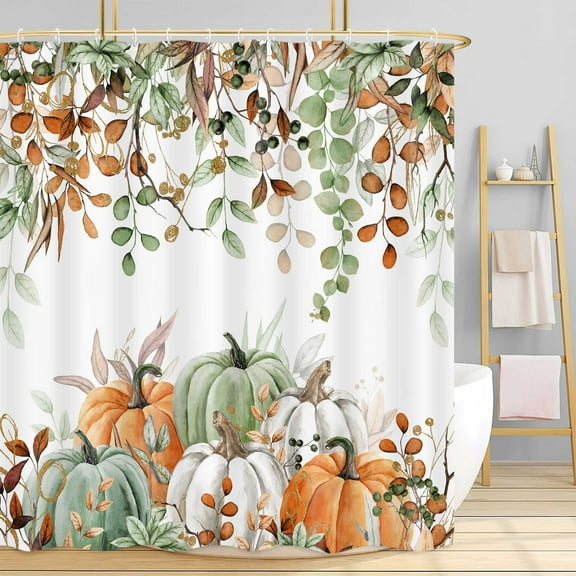 Fall Autumn Shower Curtain, Harvest Pumpkin Thanksgiving Farmhouse Bath Curtain, Sage Green Pumpkins Maple Leaves Bathroom Accessories Botanical for Bathroom Curtain Liner Set with Hooks, 72X72in
