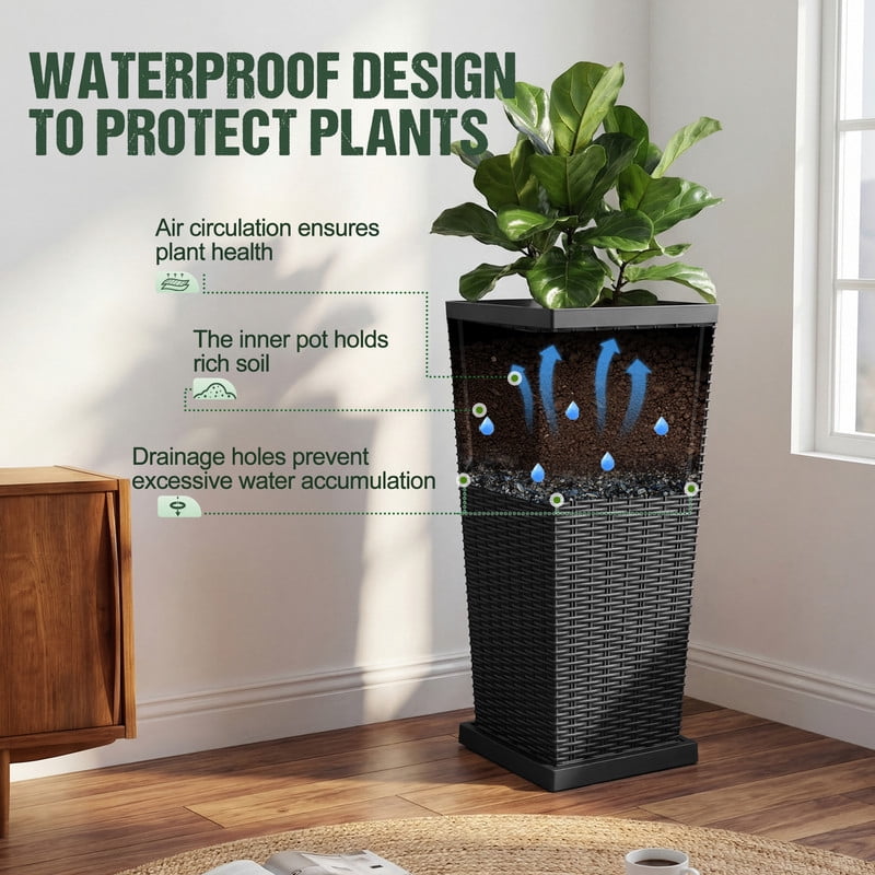 Homall 32" Tall Plastic Planter Set of 2 with Inside Pots, Drainages and Trays, for Outdoor and Indoor