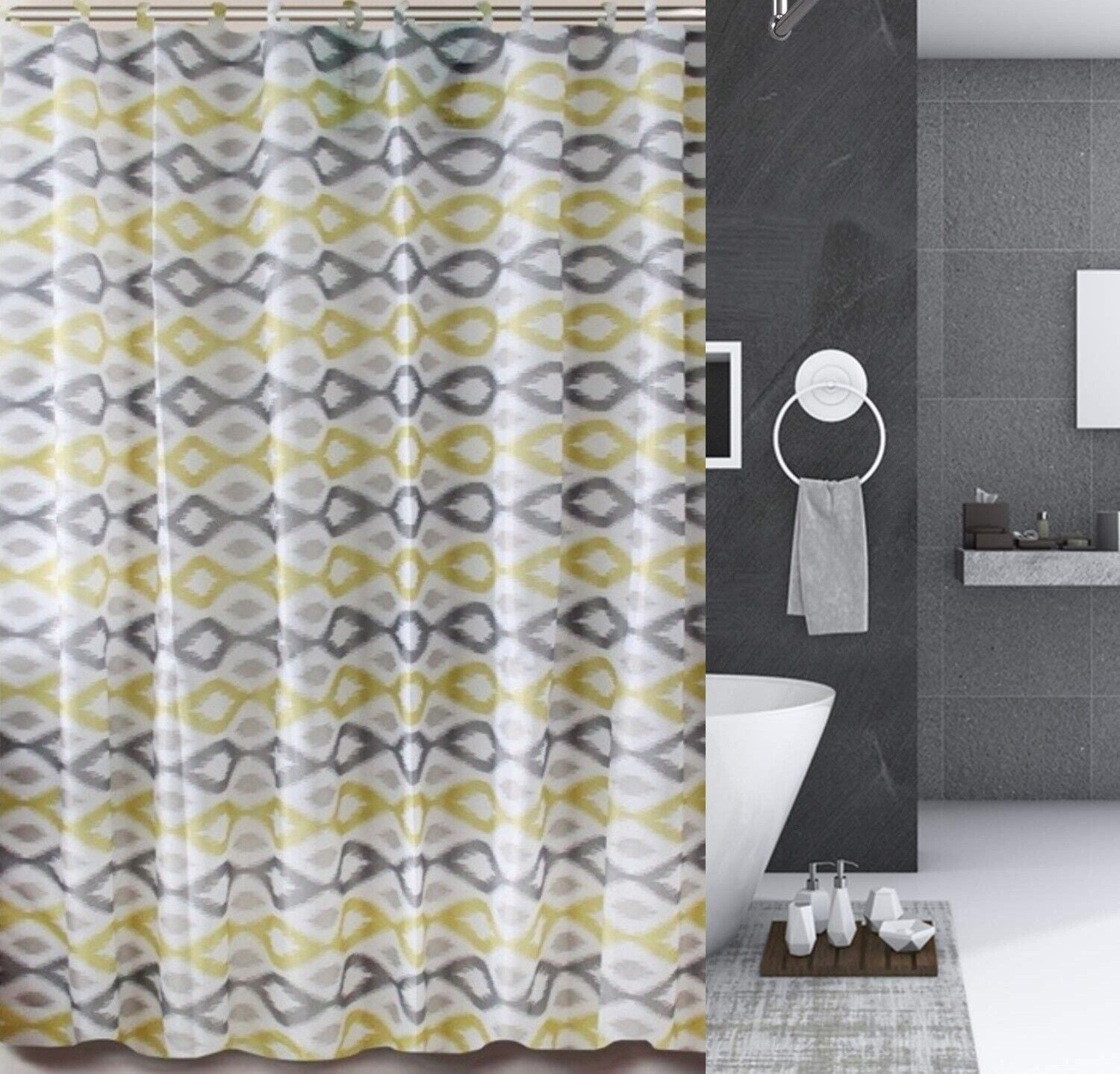 17 Pieces Bathroom Complete Set Shower Curtain with Hooks and Ceramic Accessories Set ( Kenia Silver )