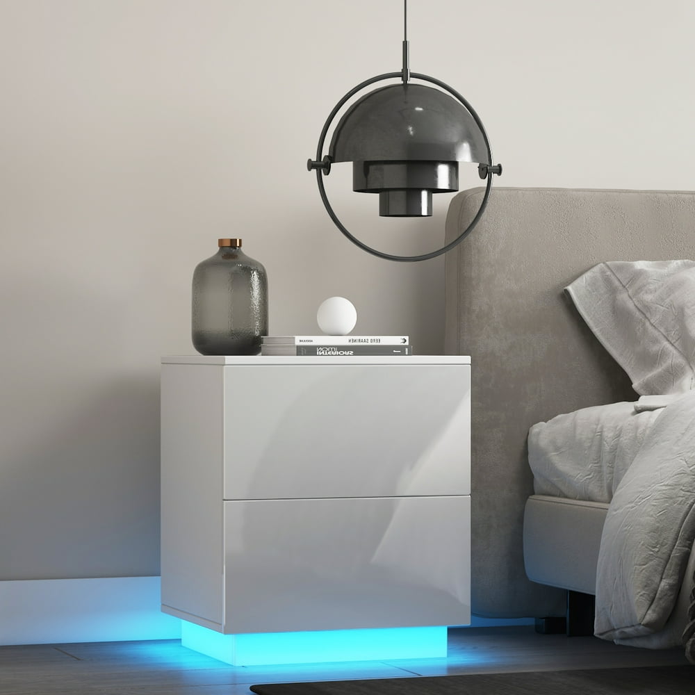 Bedroom Nightstand with Control LED Backlight, High Gloss Wooden End