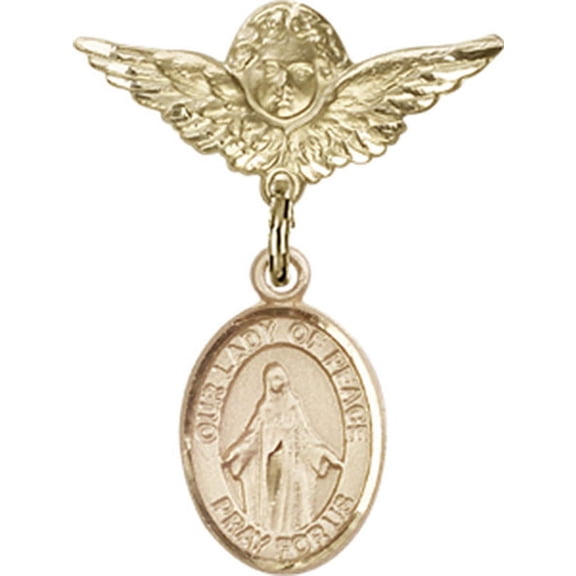 Gold Filled Baby Badge with Our Lady of Peace Charm and Angel w/Wings Badge Pin 1 X 3/4 inches