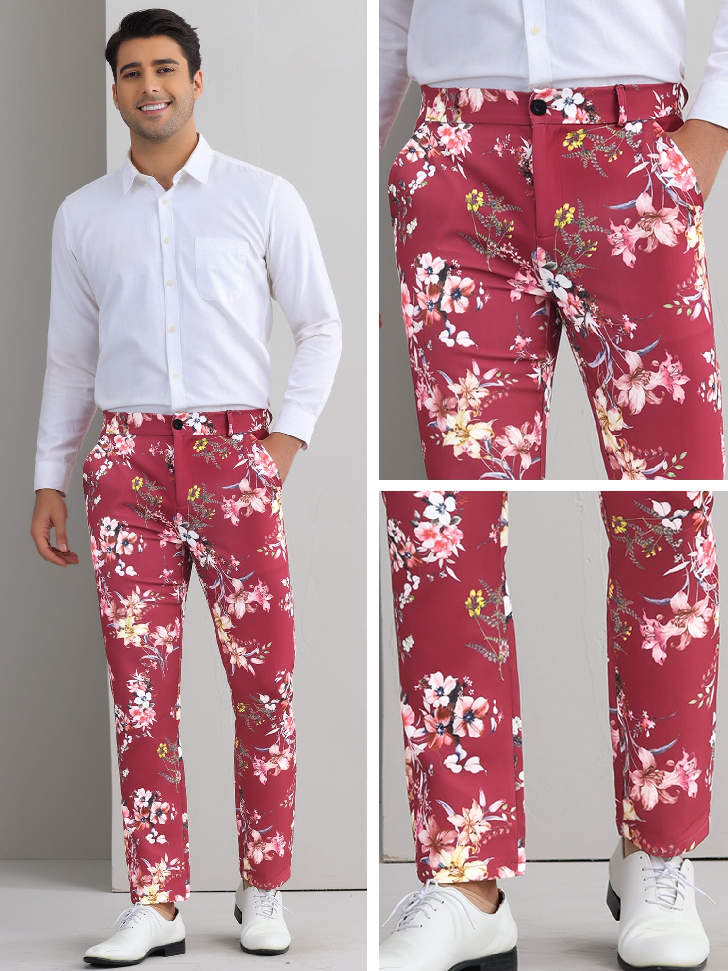 DARING DIVA Men's Flat Front Party Flower Printed Slacks Dress Pants 38 Burgundy Pink