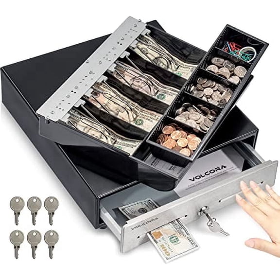 Manual Push Open Cash Drawer for POS – 13" Heavy Duty Cash Register Drawer, No Power Needed, Stainless Steel Front, 4 Bill 5 Coin Fully Removable Tray, Key Lock, 2 Media Slots