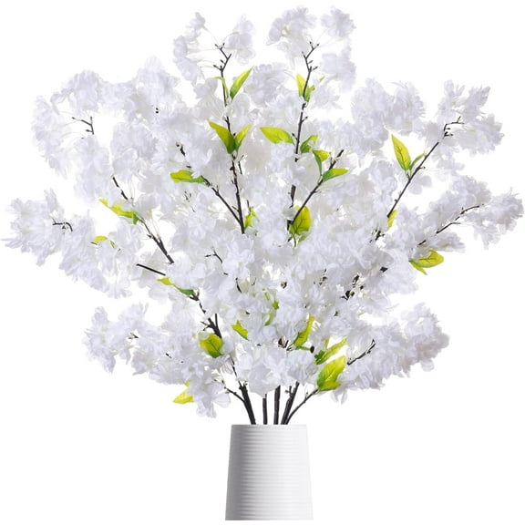 4 PCS Artificial Cherry Blossom,39 Inches Oriental Cherry Flowers Silk Tall Fake Flower Arrangements Touch Multiple Branch Home Wedding Vase Spring Decoration(White)