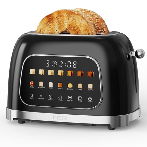 TER Smart 2-Slice Toaster with Touchscreen & Countdown Timer, 7 Bread Modes & 7 Browning Levels, Extra-Wide Slots for Bagels, Mute Mode, Modern Design
