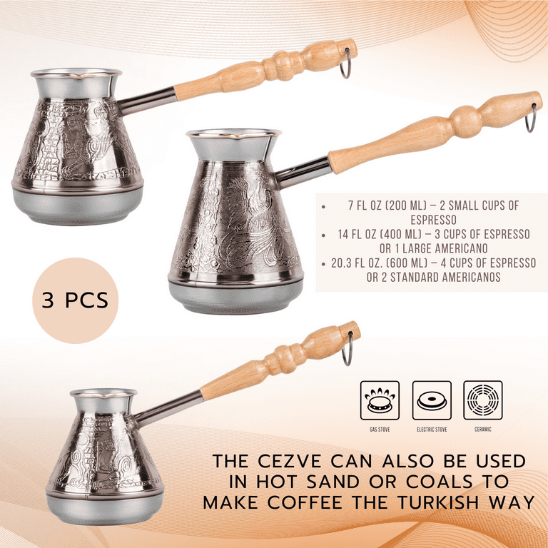 STPgoods Copper Cezve Set 3 Pcs with Gift Ceramic Trivet
