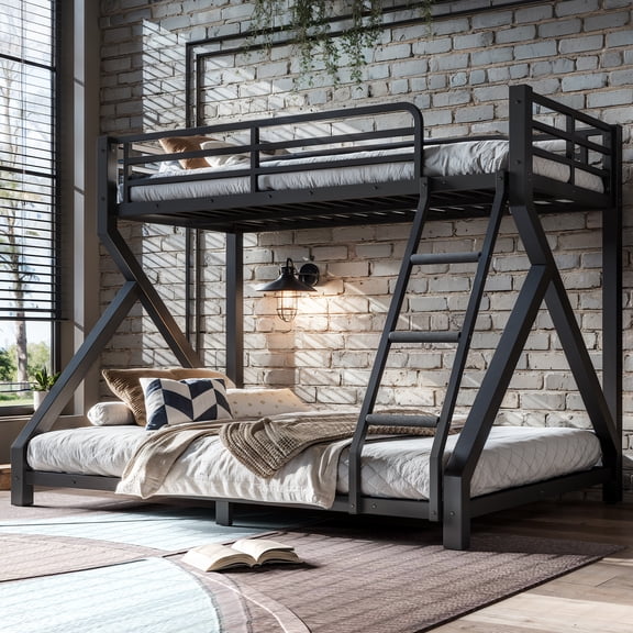 Harper & Bright Designs Twin over Full Bunk Bed with Ladders and Guardrail, Heavy Duty Bunk Bed Frame with Support Slats, Low Metal Bunk Bed for Bedroom, Black