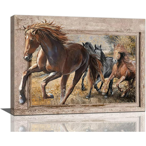 Horse Wall Art Farmhouse 3D Horse Pictures Wall Decor Runnning Horses Canvas Prints Painting Rustic Country Home Decor Framed Artwork for Living Room Bedroom Bathroom Ready to Hang 12"x16"