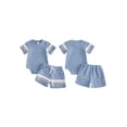 thumbnail image 2 of BemeyourBBs Newborn Baby Boy Summer Clothes Waffle 2 Pieces Outfits Contrast Color Crew Neck Short Sleeve Button Down Romper and Pockets Shorts 2 Pcs Set, 2 of 9