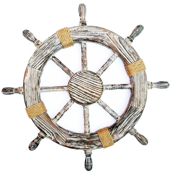 Wooden Ship Wheel - Pine Wood - (Antique White With Black Buffed Polished) - Rope Motif - (12 Inches)