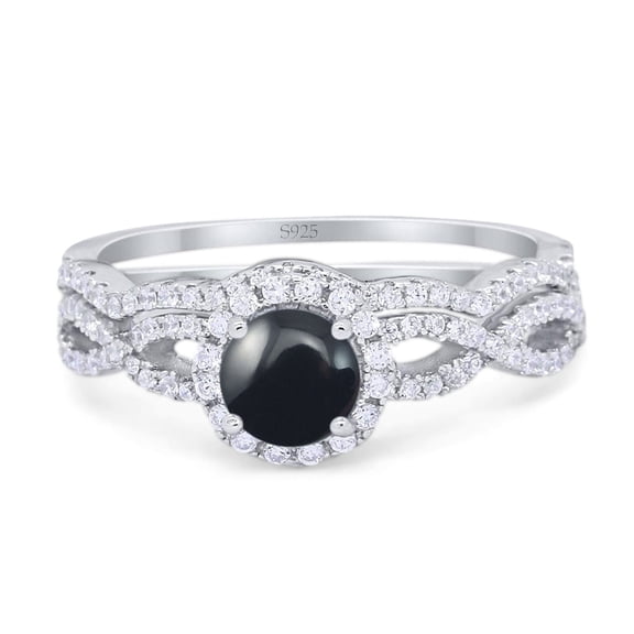 Natural Black Onyx Size-5 Two Piece Art Deco Round Twisted Infinity Shank Halo CZ Wedding Set Bridal Engagement Ring 925 Sterling Silver