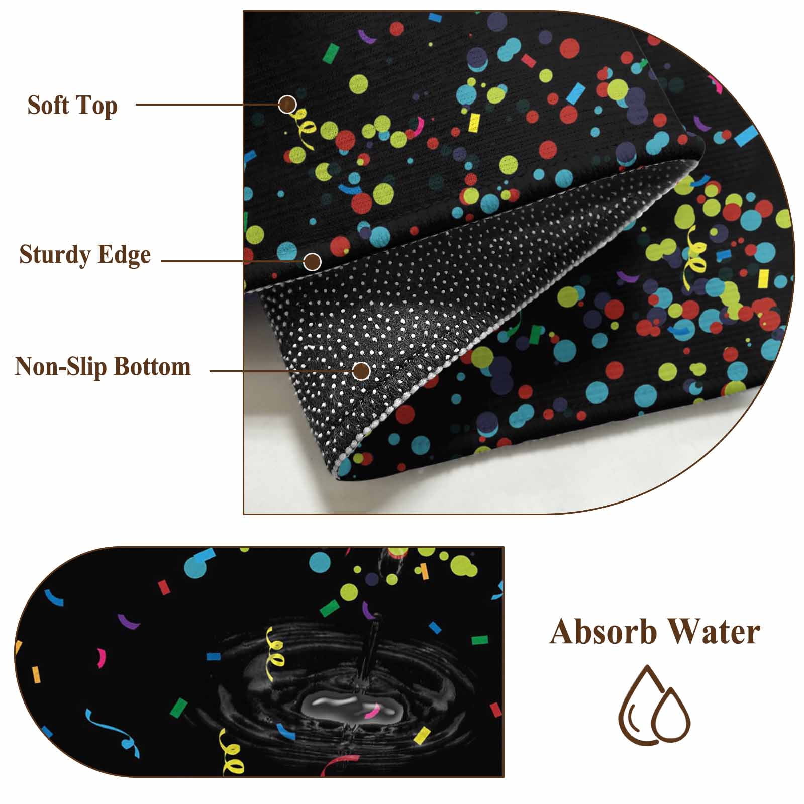 Black Birthday Large Area Rugs for Bedroom Living Room, Soft Non Slip Carpet Bedside Rug, Colorful Confetti Ribbons Polka Dots Classroom Rectangular Floor Cover Kitchen Accent Rug 2'x6' for Office