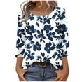 thumbnail image 2 of Womens Tops 3/4 Sleeves Printed Button-up T-shirt Round Neck Top Shirt Navy L,Tops for Women, 2 of 6