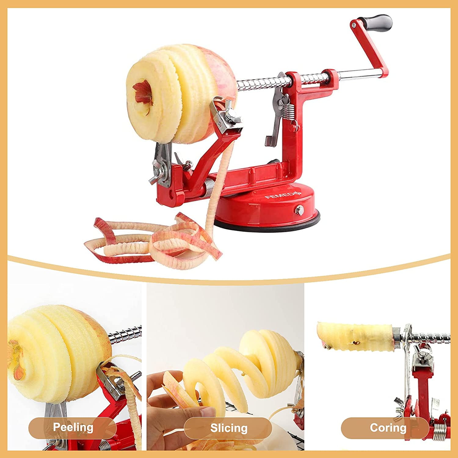 Johnny Apple Peeler with Clamp Base, Stainless Steel Blades, Red Cast Iron  Body , Apple Slicer, Corer, Parer and Pie Maker VKP1011 