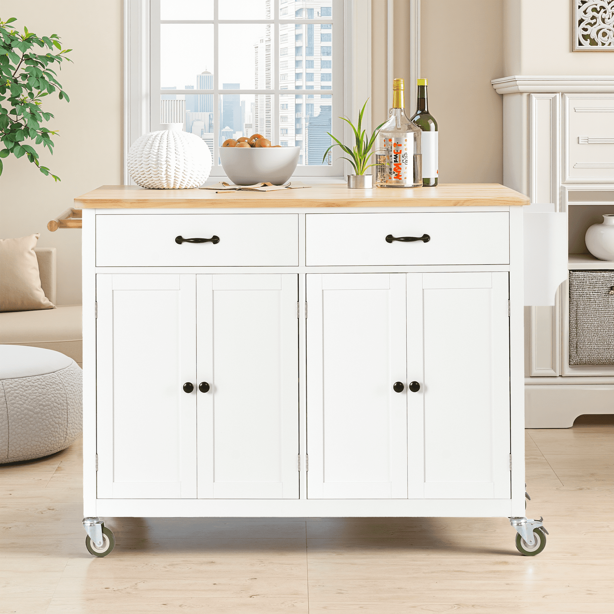 MAYEERTY Kitchen Island Cart with Solid Wood Top & Locking Wheels (H Width) - 4-Door Cabinet