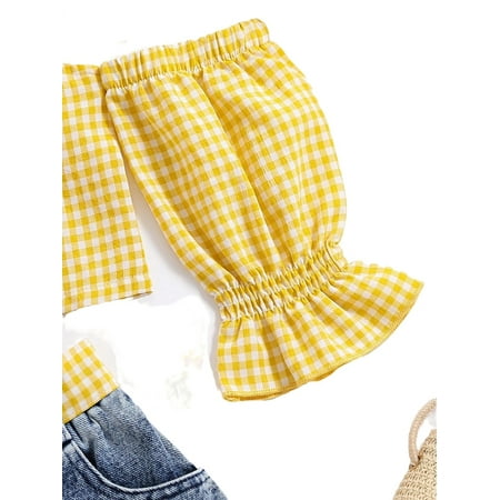 

Cute Gingham Cold Shoulder Elbow-Length Multicolor Toddler Girls Two-piece Outfits (Girl s)