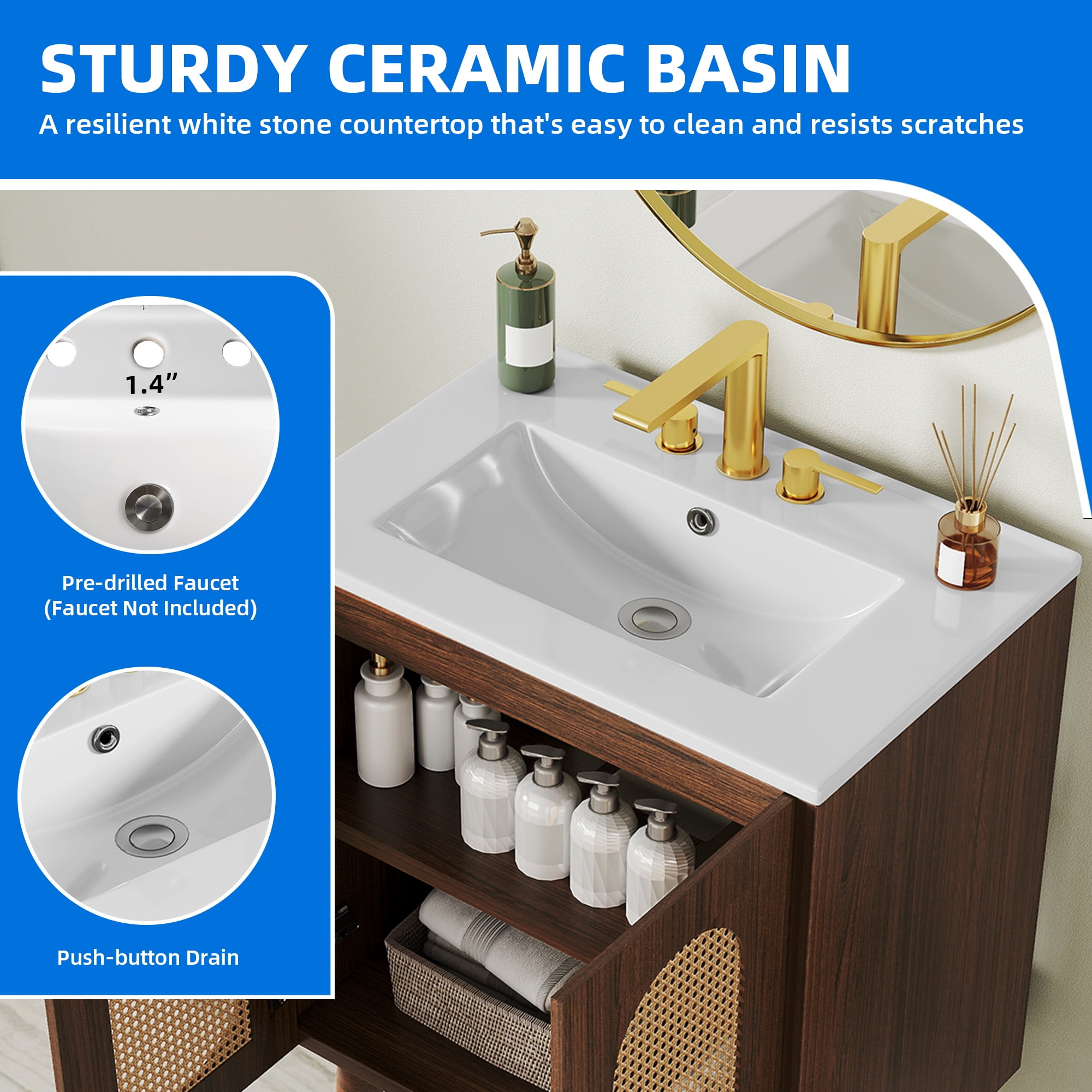 Dextrus 24" Bathroom Vanity with Sink, Freestanding Wooden Cabinet Vanity with Soft-Closing Door, Brown