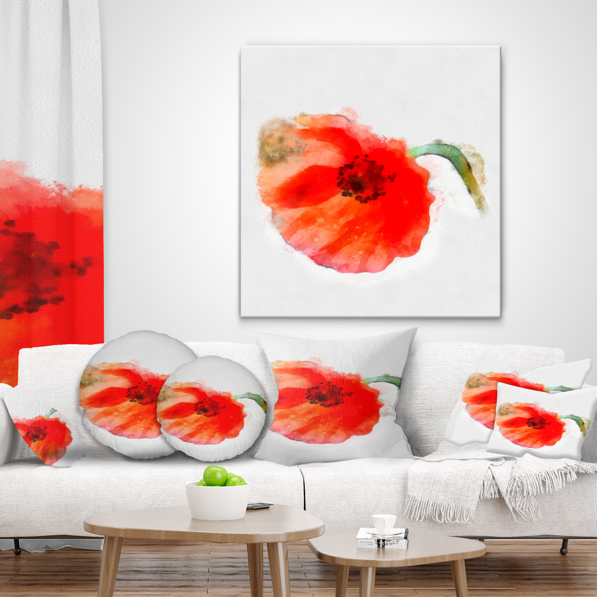 Designart Large Red Poppy on White Back - Flower Throw Pillow - 18x18