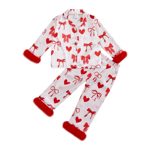 Elippeo Girl Valentine's Day Pajama Sets Heart Bow Print Lapel Neck Button-up Tops Elastic Waist Long Pant Plush Loungewear Set 1 2 3 4 5 6 7 8 9 Years