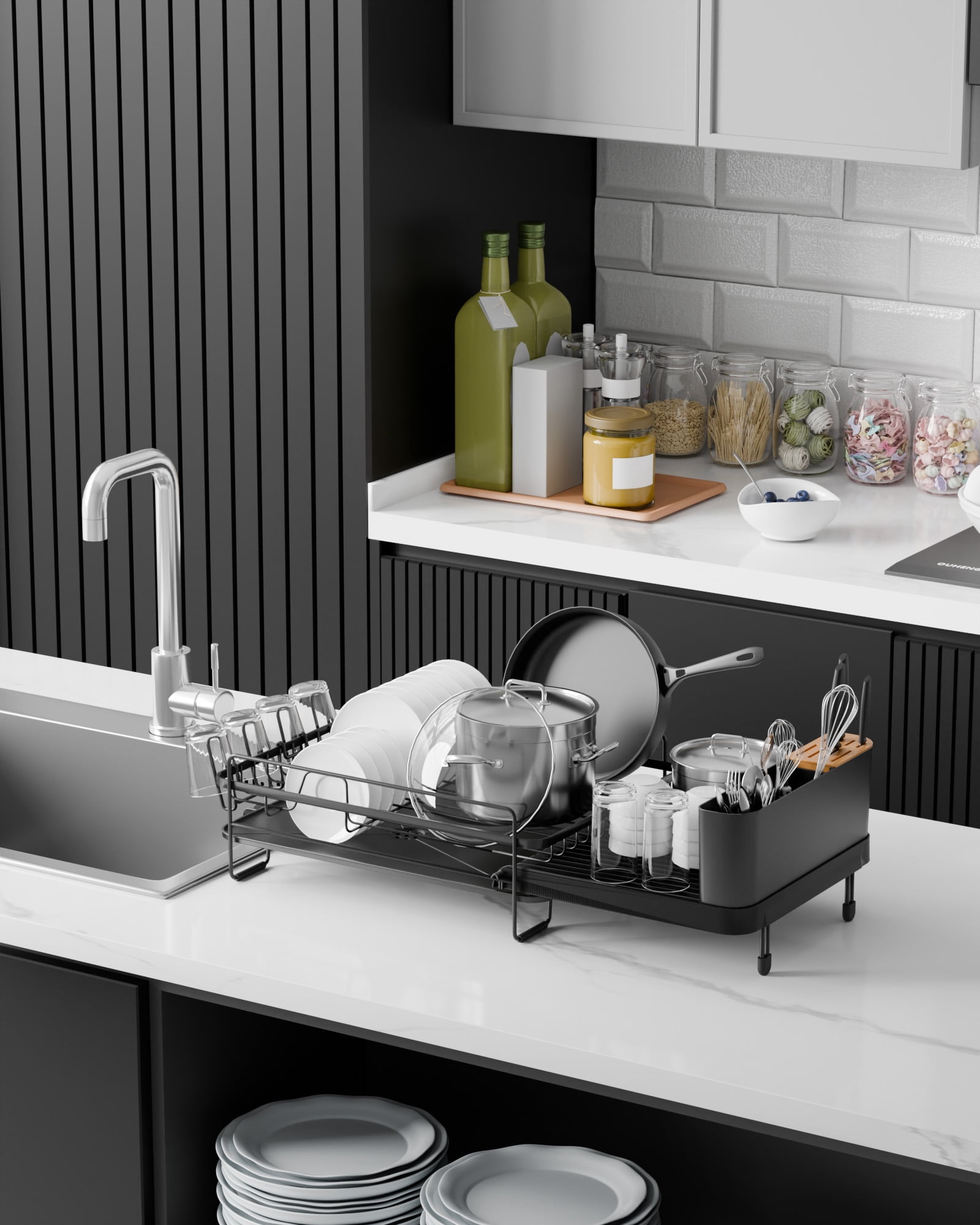 Sakugi Dish Drying Rack, Extendable Dish Drainer, Anti-Rust Dish Rack for Kitchen Counter, 26.2" x 12.9" x 7.2", Black