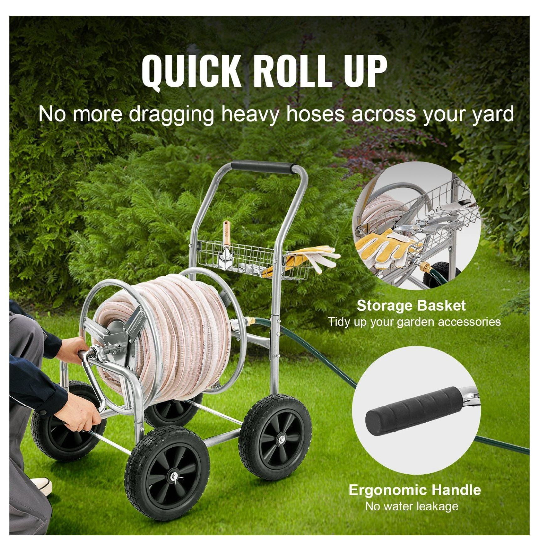 Hose Reel Cart 300ft 5/8'' Garden Hose, Mobile Water Hose Cart with 4 Wheels, Heavy Duty Steel Hose Reel for Yard, Lawn, Outdoor Use
