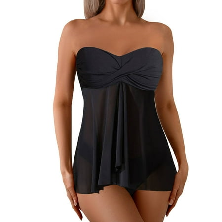 Yajing Womens Swimwear Women s Neck Strapless Bra With Two Split Swimsuit Belly Covering And Splicing Fashionable Dress Bikini Black L