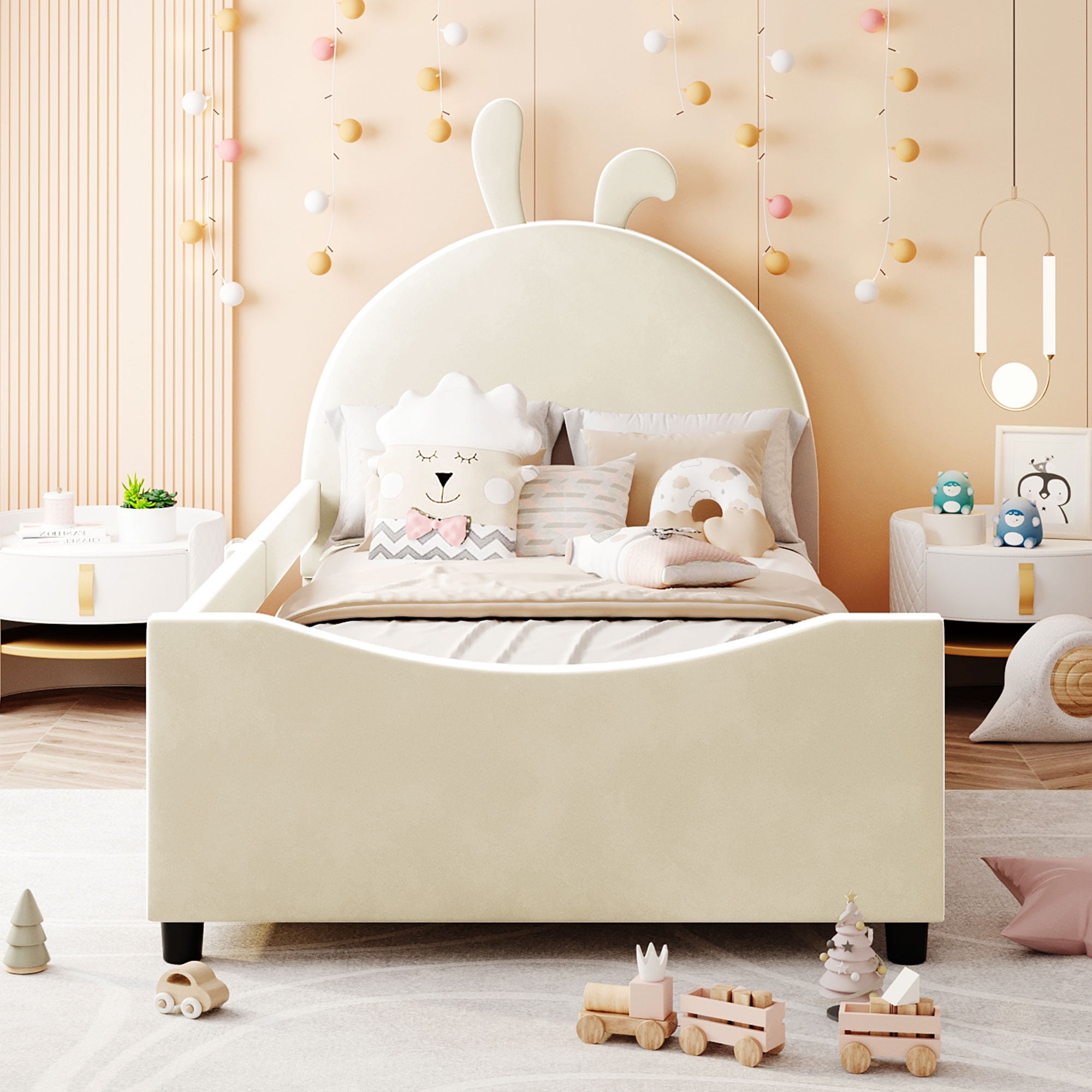 HSUNNS Twin Size Kids Upholstered Bed with Side Rail, Twin Size Upholstered  Platform Bed for Kids with Cute Rabbit Headboard, Low Profile Twin Bed for