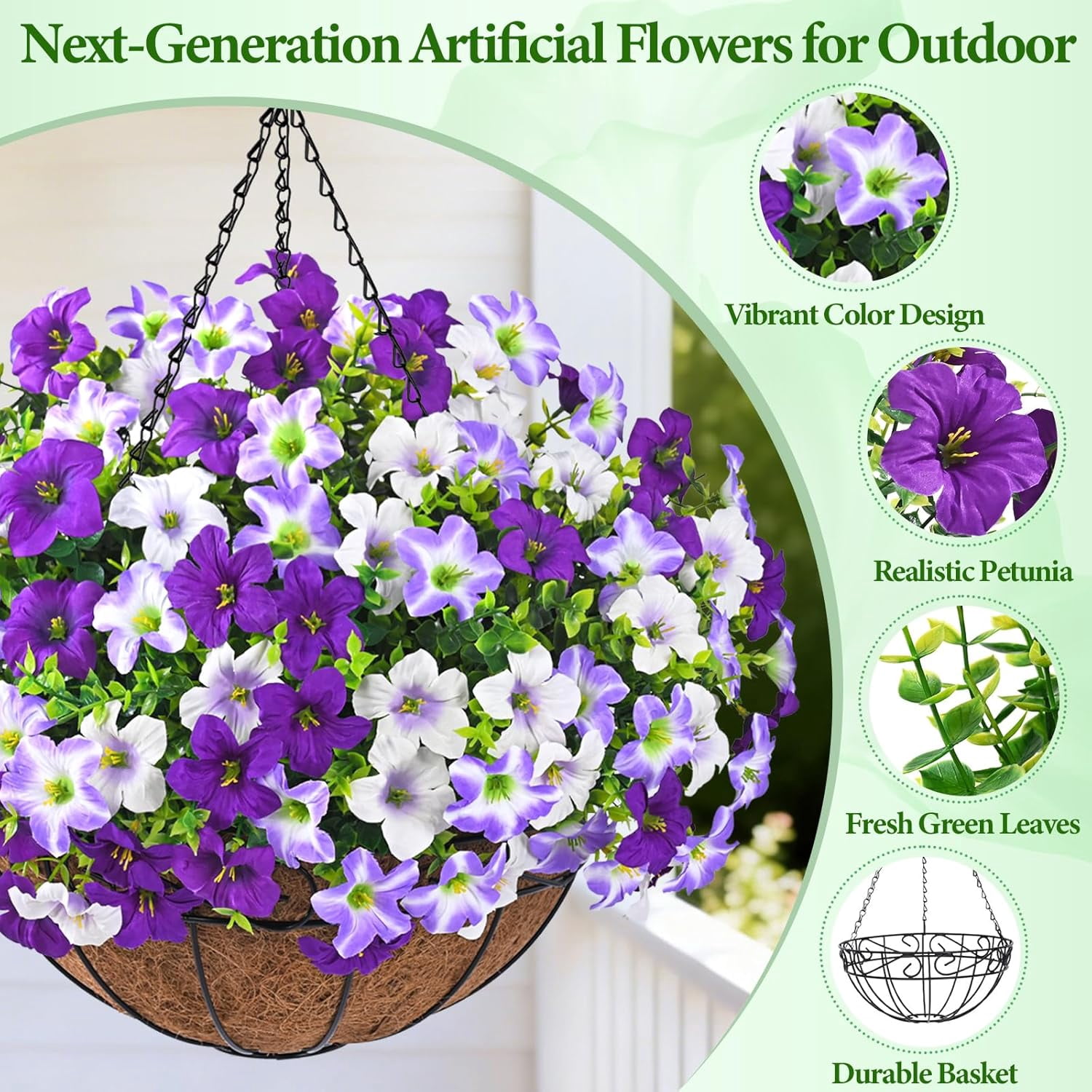 Lyacmy Artificial Hanging Flowers in Basket for Outdoor, UV Resistant Faux Petunias with Eucalyptus Leaves with 20Inch Coconut Lining Chain Flowerpot,Purple White