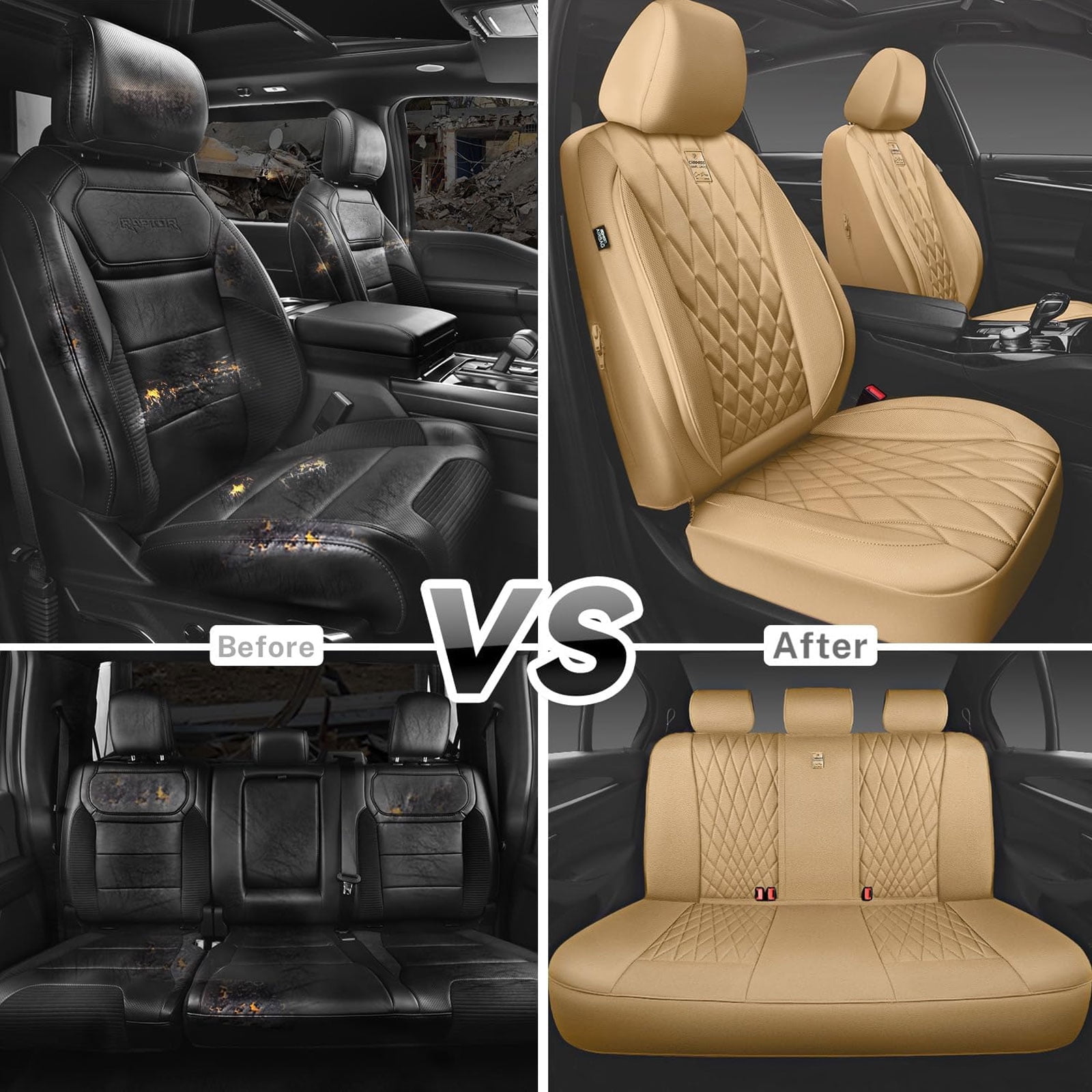 CAR GRAND Piping Luxury Faux PU leather Full Set Car Seat Covers Water Proof Armrest Airbag Compatible Universal Fit SUV VAN Truck All beige
