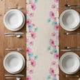 thumbnail image 4 of Table Runner 120 Inches Long for Kitchen Dining, Blue Pink Flowers Dresser Scarf Farmhouse, Dining Table Decorations for Wedding/Parties, Spring Garden Floral Rustic Burlap 13 x 120 In, 4 of 8