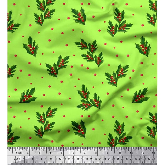 Soimoi Green Velvet Fabric Red Berries & Holly Leaves Print Fabric by the Yard 58 Inch Wide