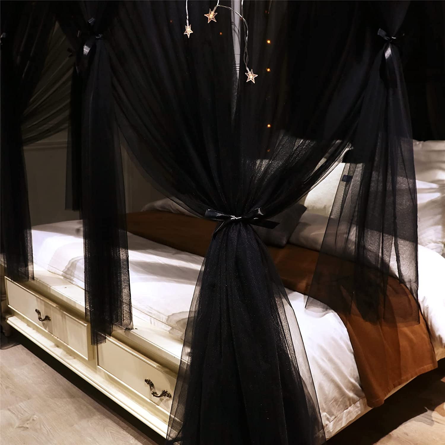 4 Corners Post Princess Bed Canopy Curtain Double Layer Cozy Drape Netting 4 Opening Mosquito Net for Girls & Adults Bedroom Decoration Accessories (Double Black, 59" W*82" L*82"*H/(Queen))