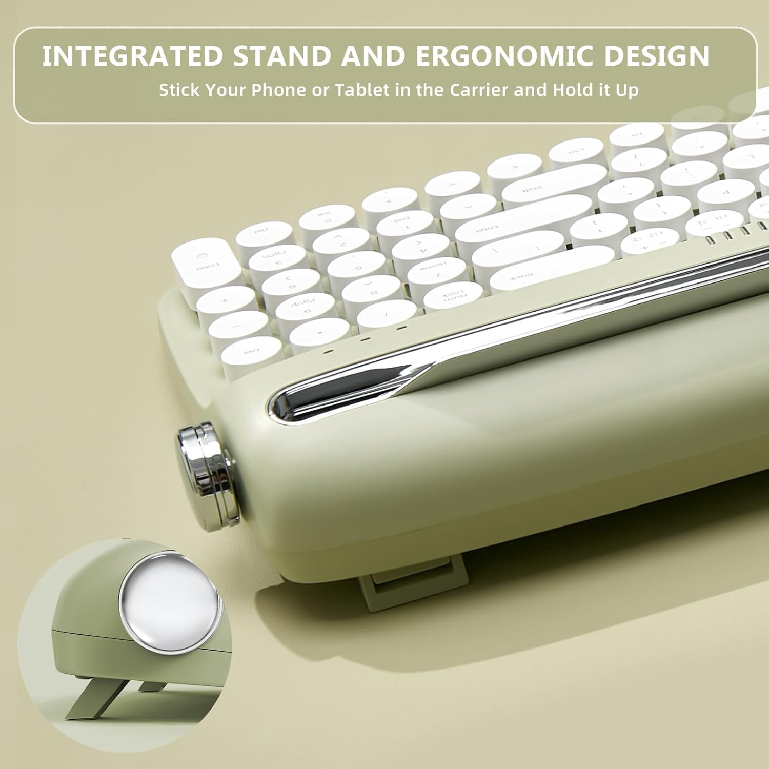 YUNZII Retro Wireless Typewriter Keyboard with Stand, USB-C/Bluetooth, Cute Round Keycaps,Stand for Table, Phone, PC and Win/Mac/Android,Green