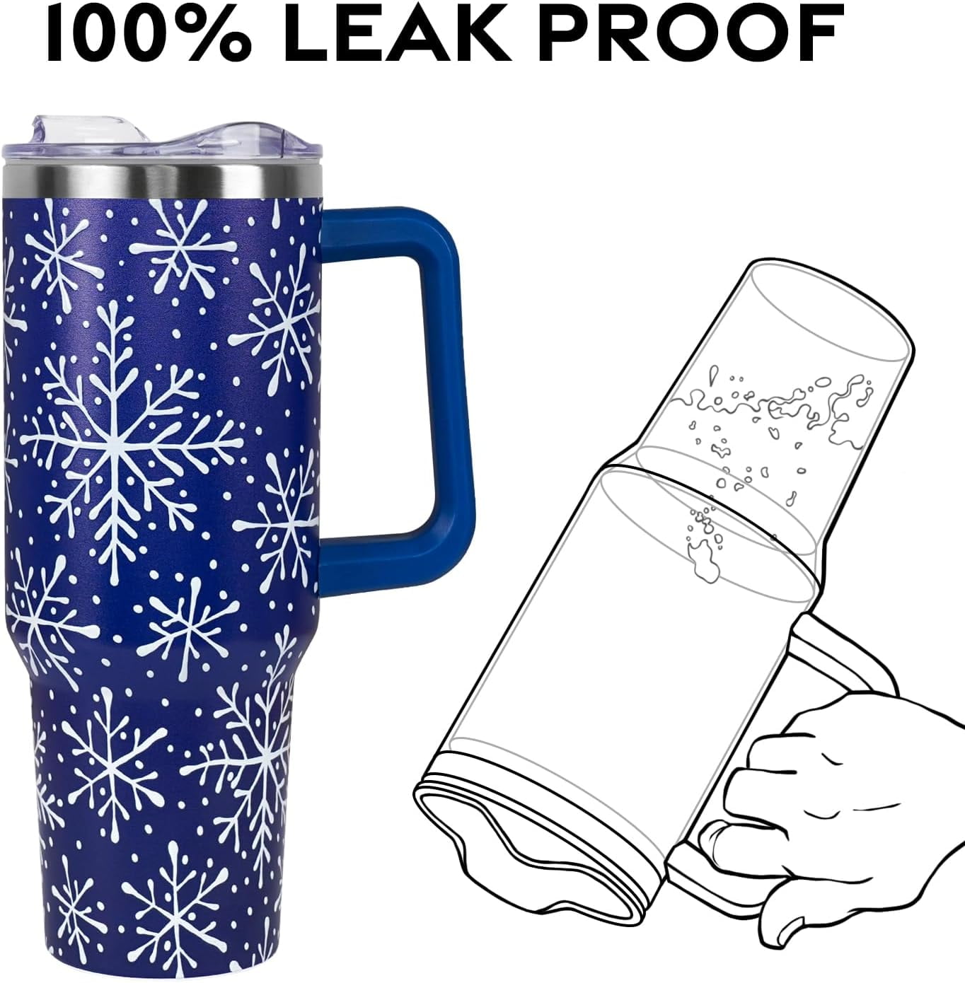 Christmas Tumbler with Handle and Straw Lid 40 oz,Cute Christmas Gifts for Women Blue Snowflakes Vacuum Insulated Leak Proof Tumbler,Winter Holiday Accessories Stainless Steel Coffee Cup Mug